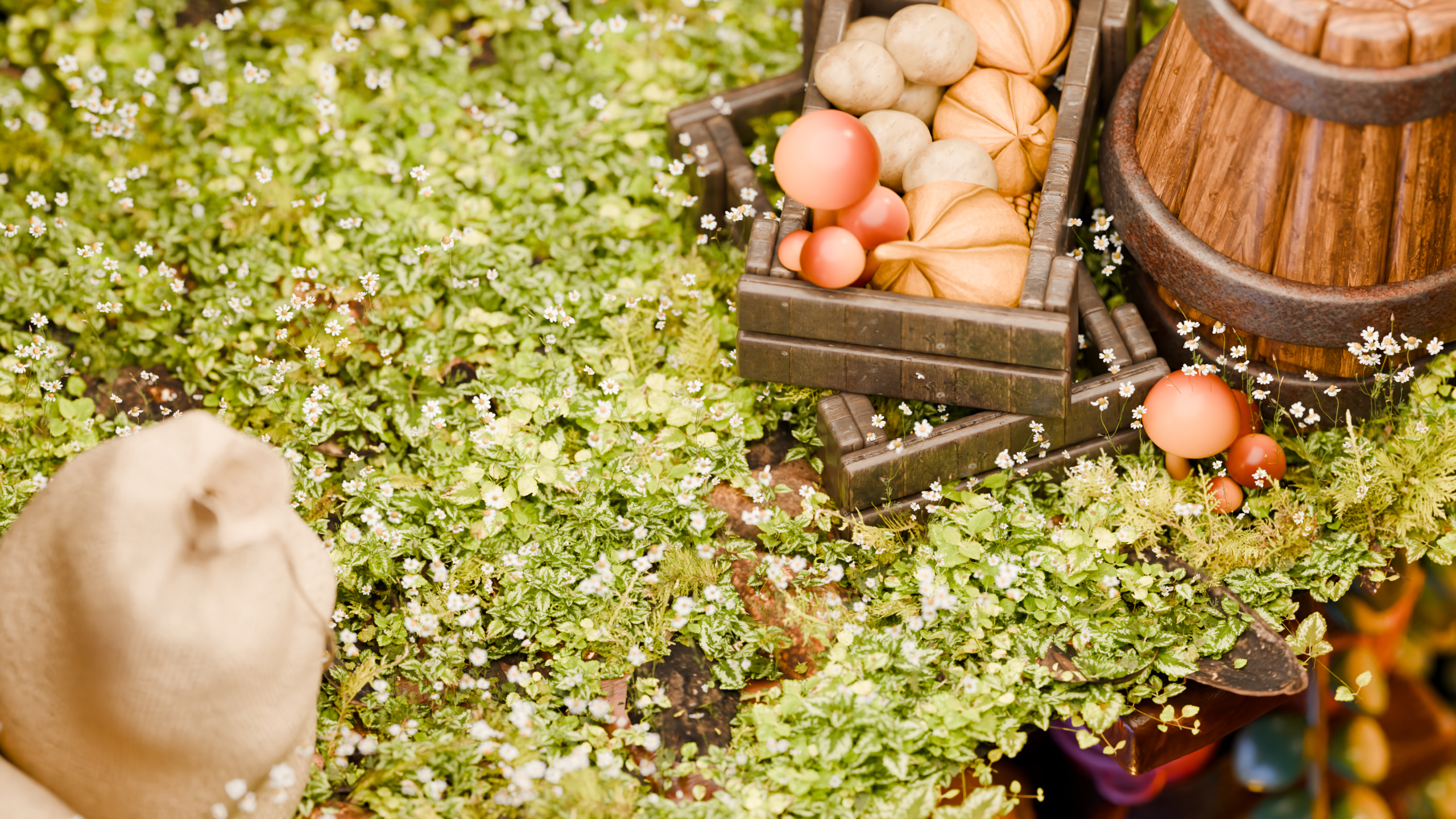 Moss, wildflowers, mushrooms, wooden crates, and a barrel from Beneath the Moss Roof