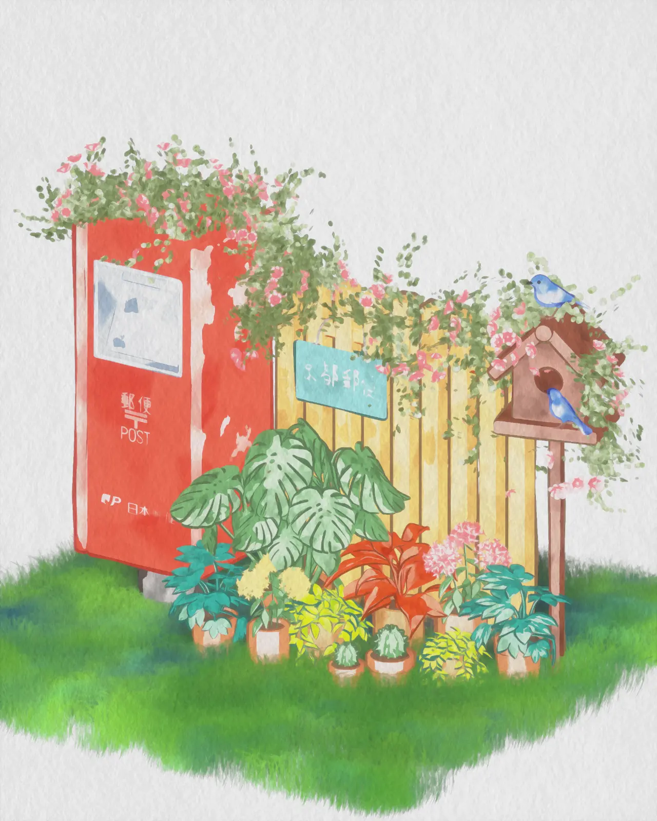Watercolor-inspired Japanese post box, flower garden, and birdhouse from Letters from Kitano, Kyoto by Quan Le