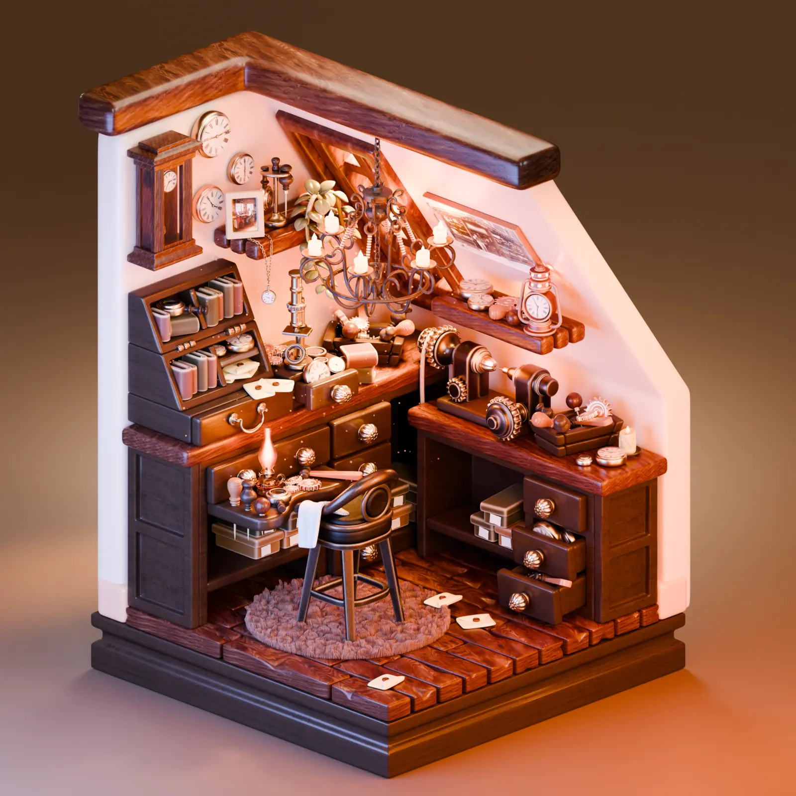 Warm stylized clockmaker workshop diorama by Quan Le